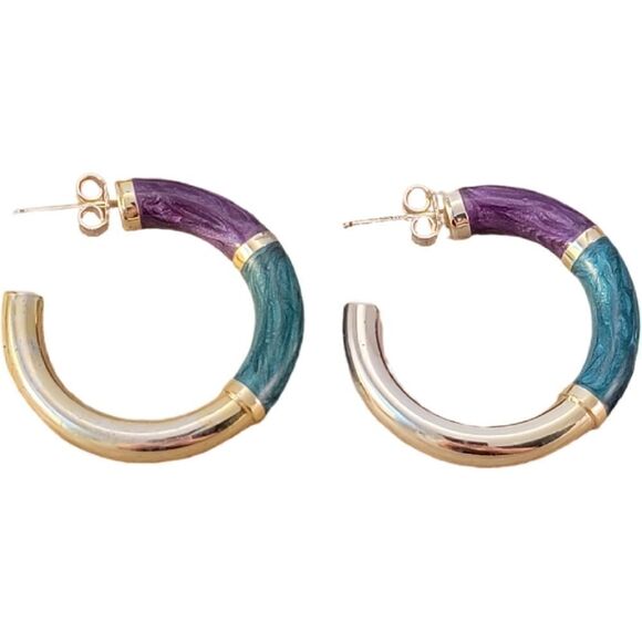 Vintage 1 1/4" Gold Over Sterling Purple and Teal Resin Hoop Earrings - Picture 1 of 6
